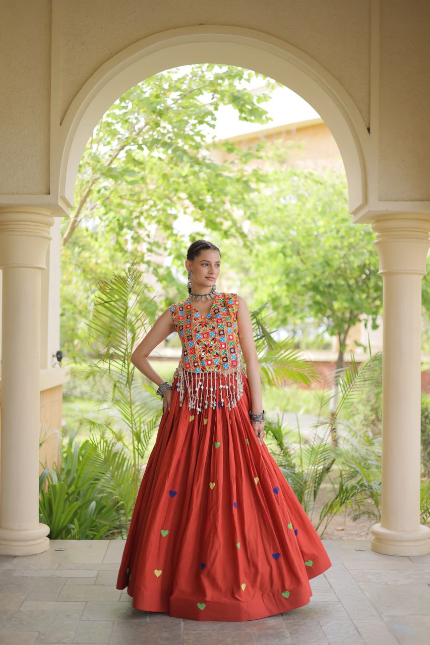 Cora Cotton Heart Embroidery Gamthi Mirror Lehenga Choli