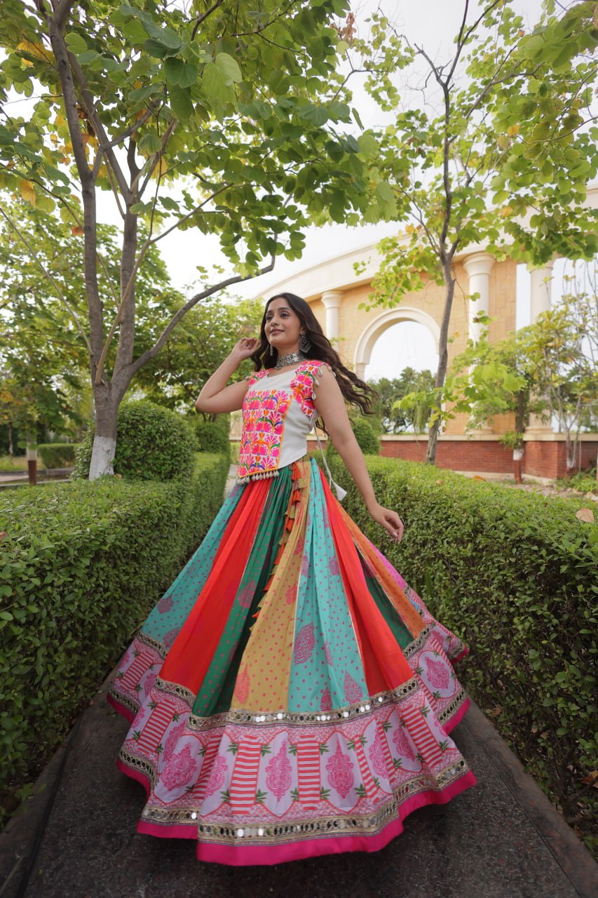 Cotton Printed Real Mirror Lace Kutchi Gamthi Lehenga Choli