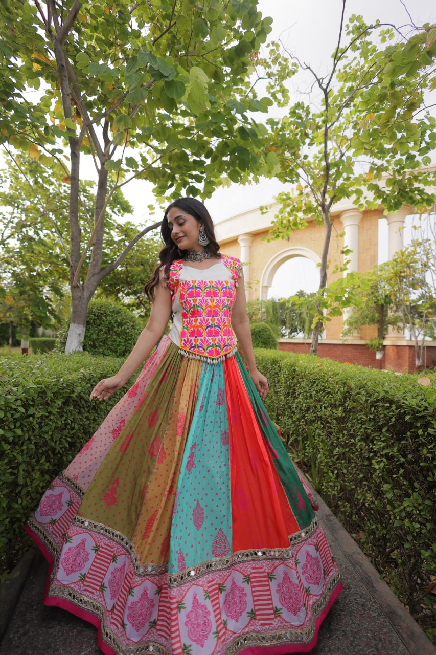 Cotton Printed Real Mirror Lace Kutchi Gamthi Lehenga Choli