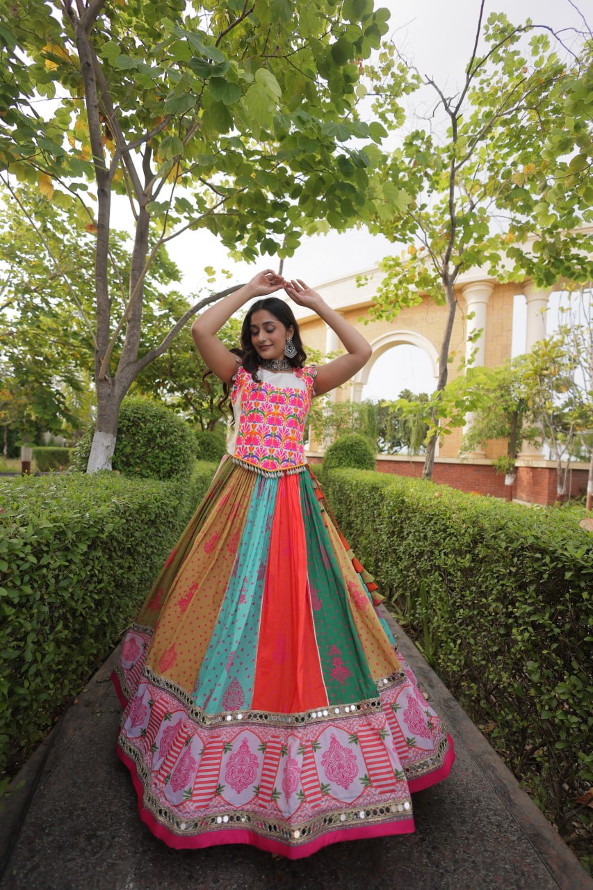 Cotton Printed Real Mirror Lace Kutchi Gamthi Lehenga Choli
