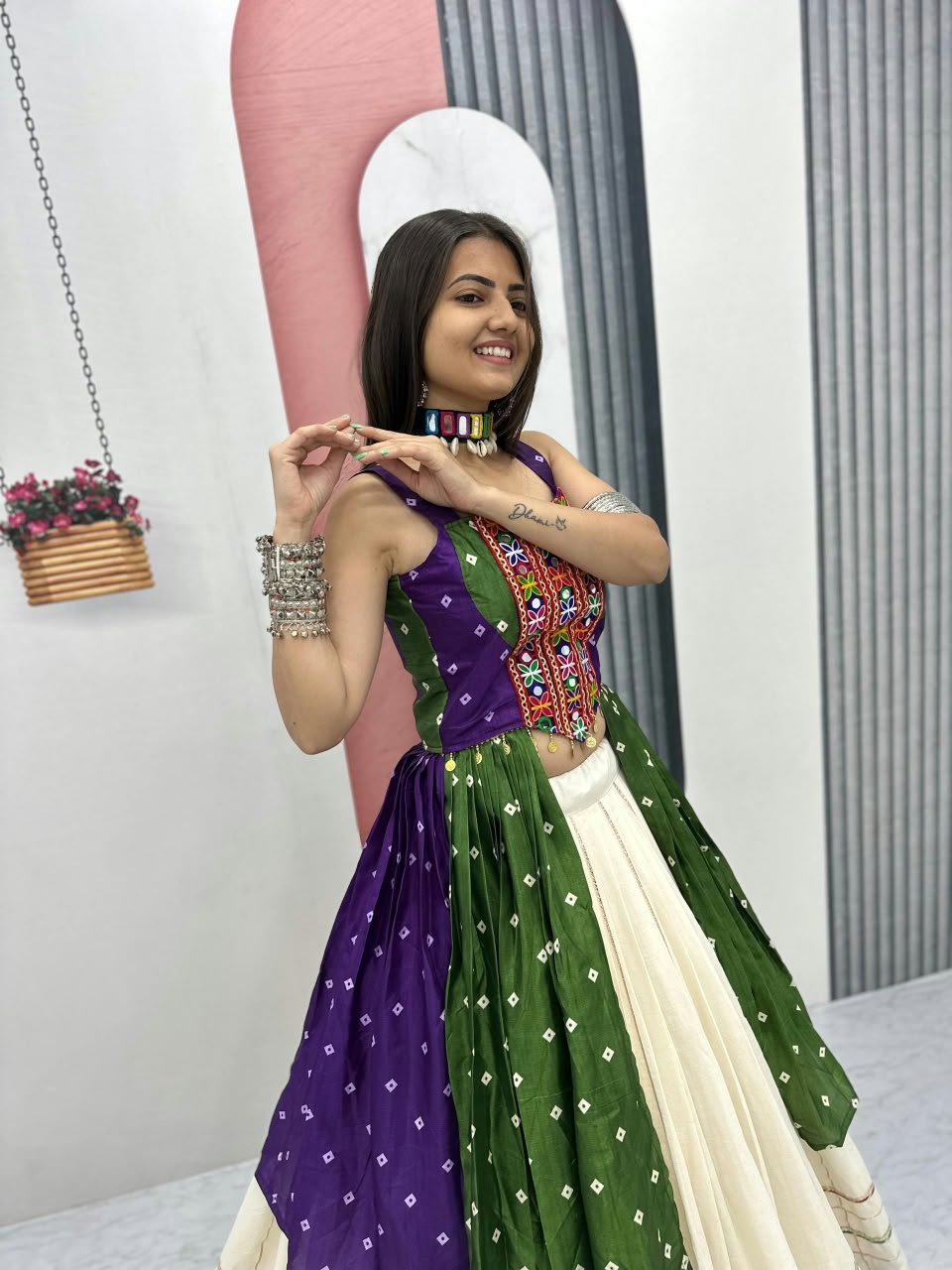 Bandhej Print Mirror Work Lehenga