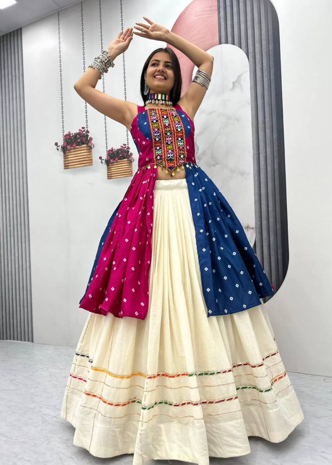 Bandhej Print Mirror Work Lehenga