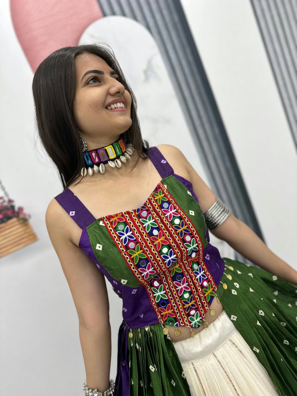 Bandhej Print Mirror Work Lehenga