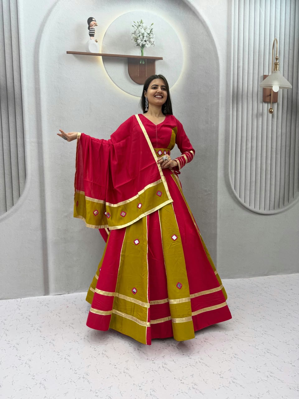 Roman Silk Mirror Work Lehenga