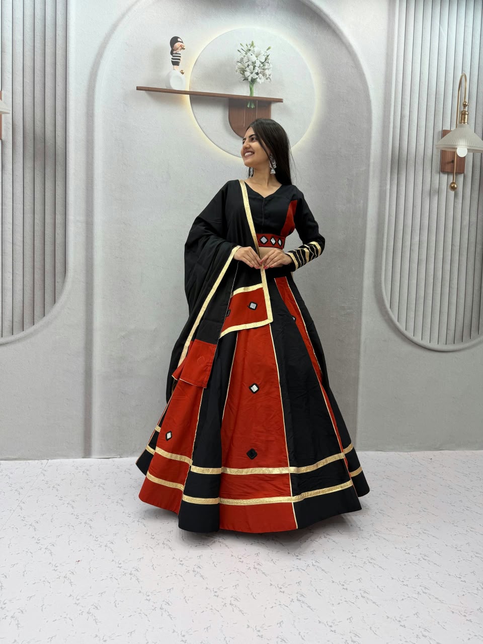 Roman Silk Mirror Work Lehenga