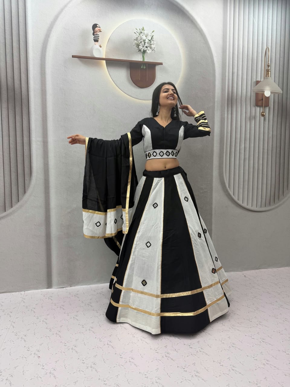 Roman Silk Mirror Work Lehenga