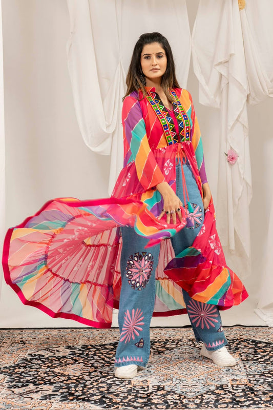 Embroidered Faux Georgette Shrug with Mirror Work
