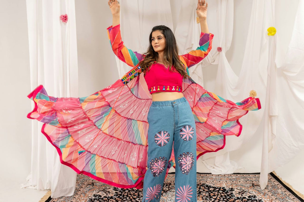 Embroidered Faux Georgette Shrug with Mirror Work