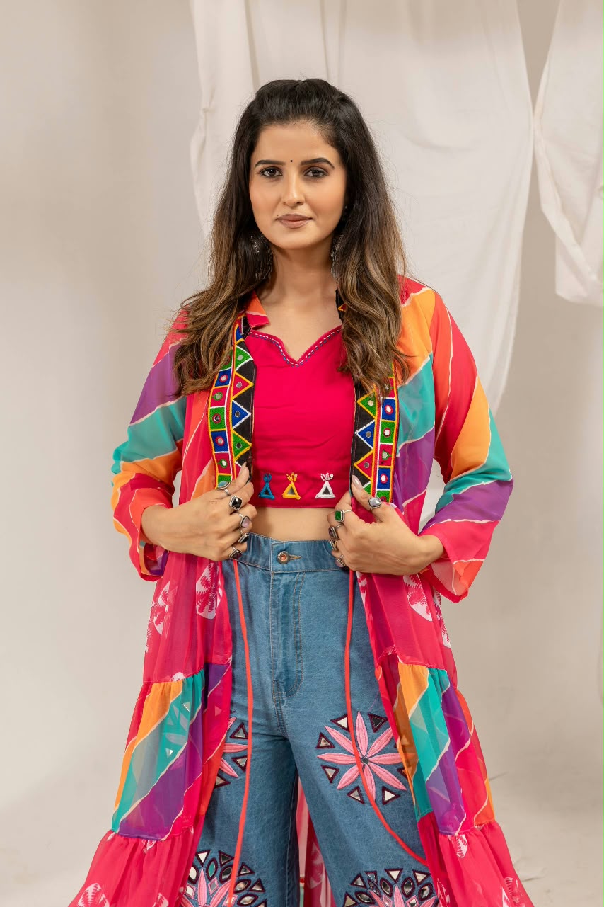 Embroidered Faux Georgette Shrug with Mirror Work