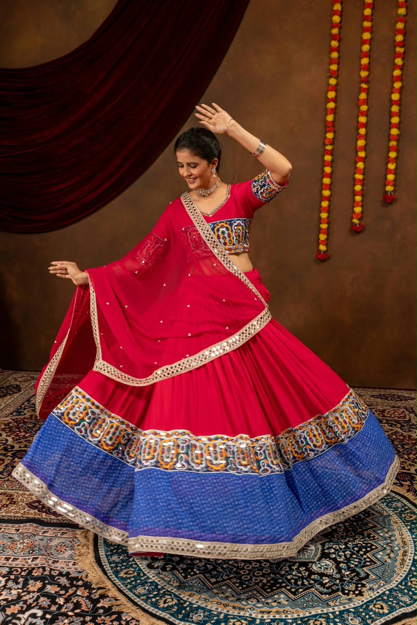 Rayon Cotton Embroidery Lehenga with Pearl Moti Mirror Dupatta