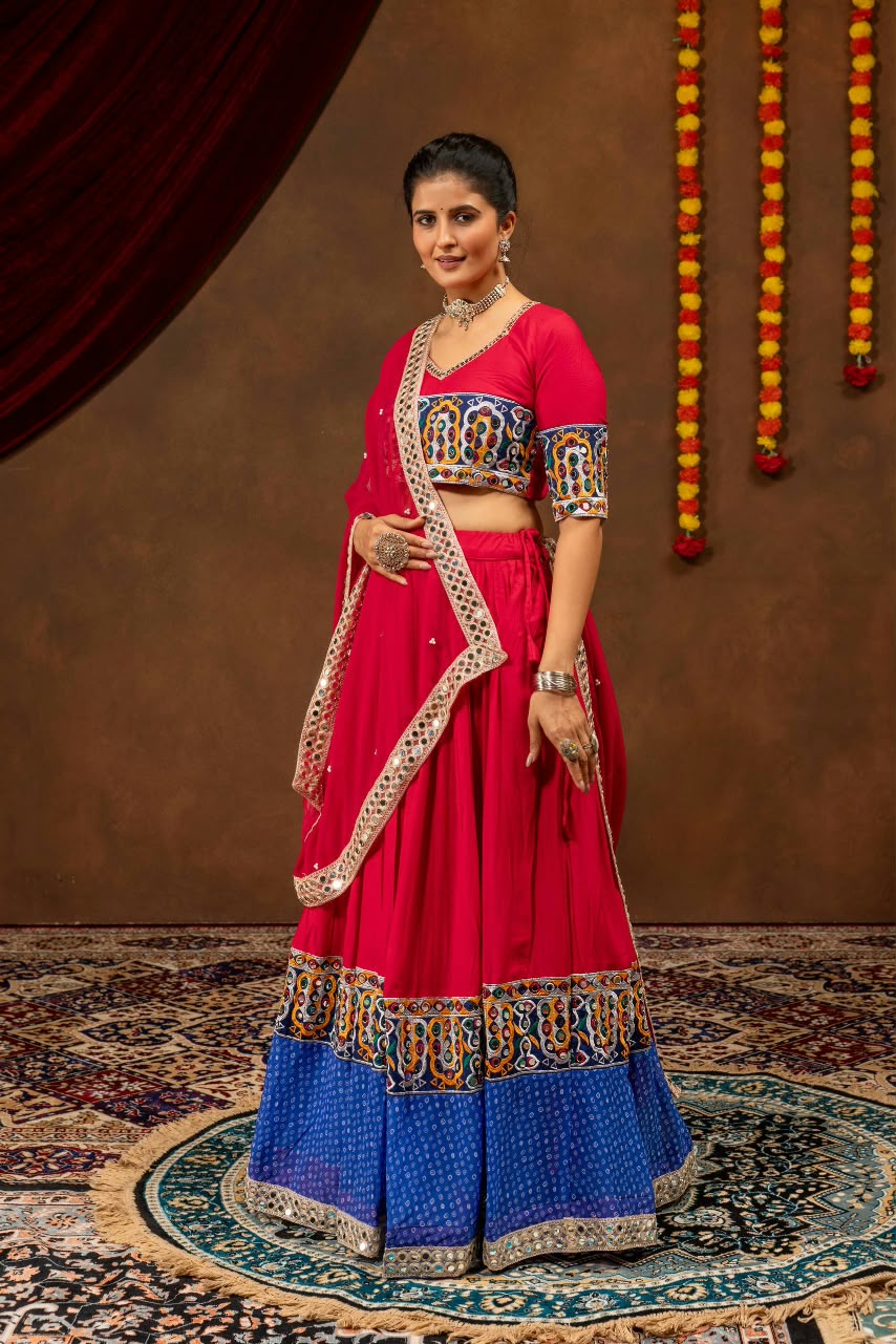 Rayon Cotton Embroidery Lehenga with Pearl Moti Mirror Dupatta