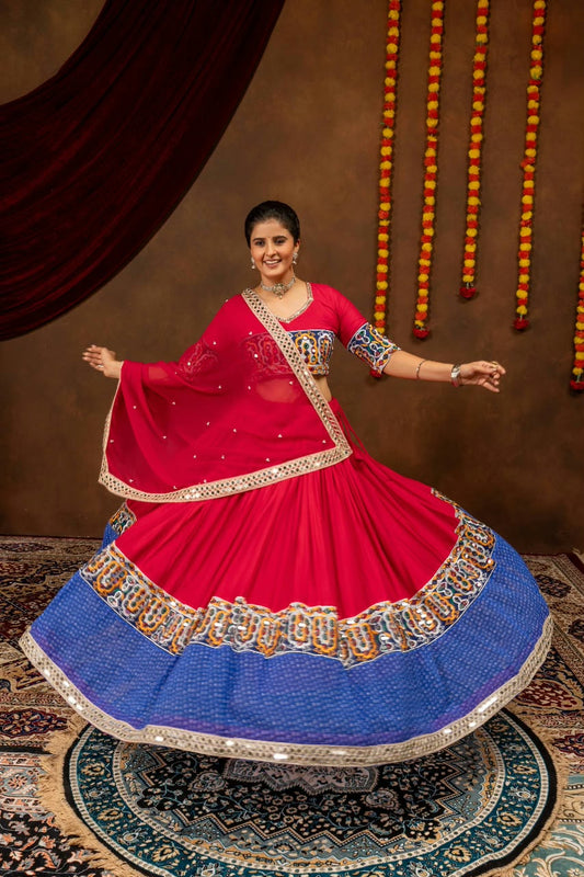 Rayon Cotton Embroidery Lehenga with Pearl Moti Mirror Dupatta