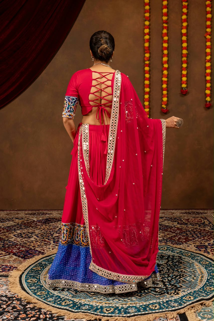 Rayon Cotton Embroidery Lehenga with Pearl Moti Mirror Dupatta