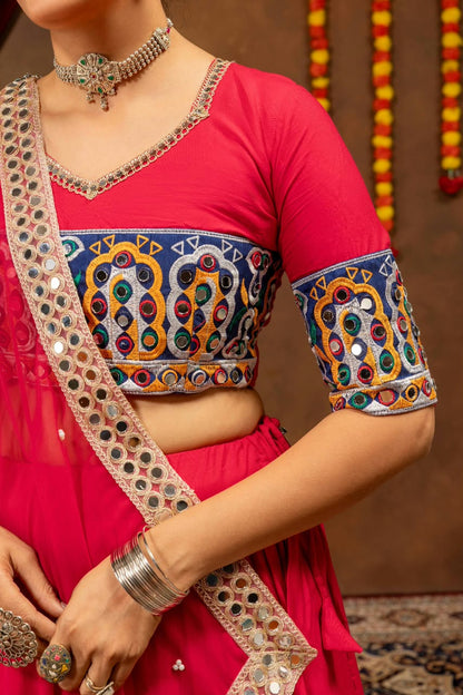 Rayon Cotton Embroidery Lehenga with Pearl Moti Mirror Dupatta