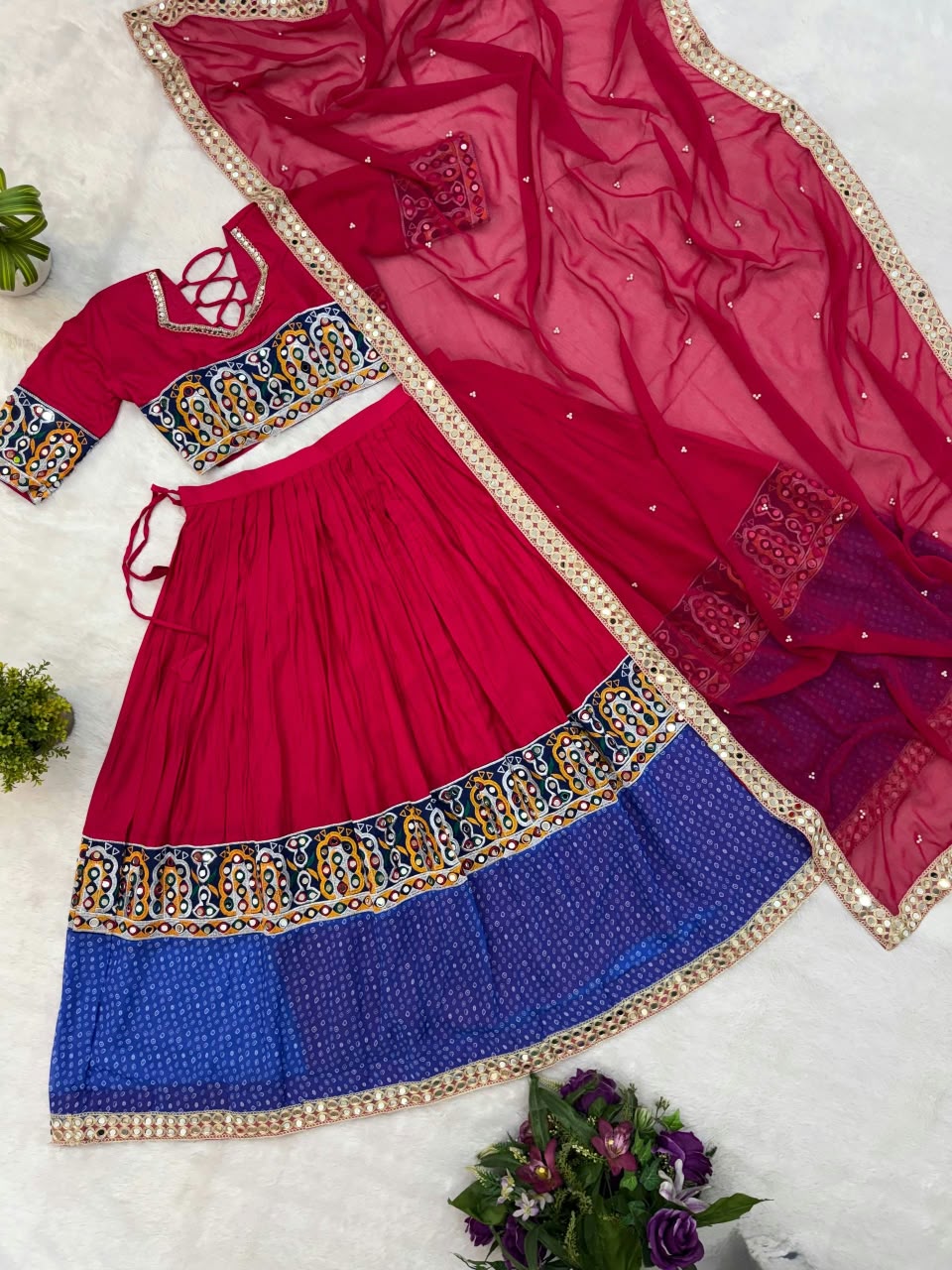 Rayon Cotton Embroidery Lehenga with Pearl Moti Mirror Dupatta