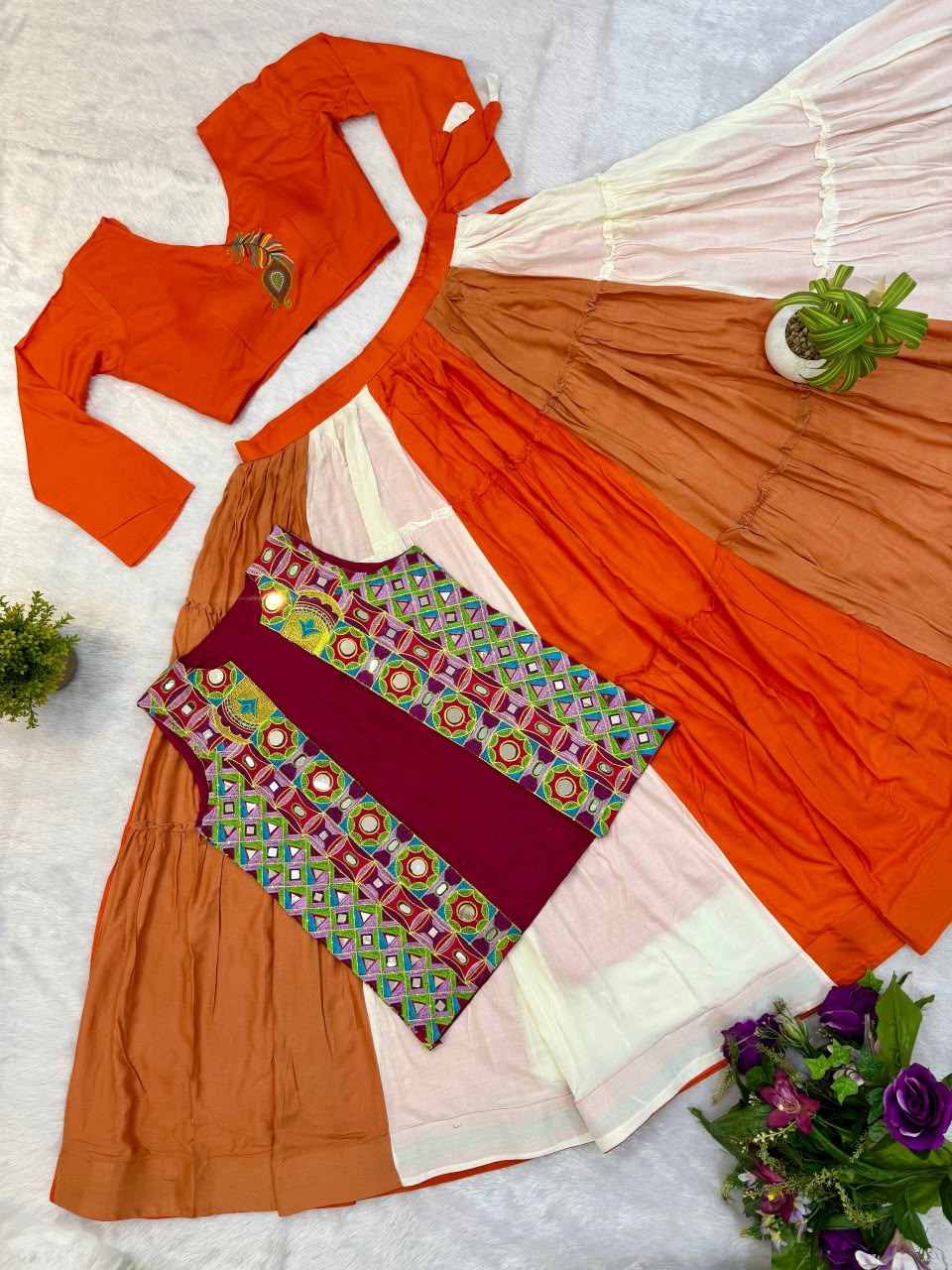 Pure Rayon 7 Meter Ruffle Lehenga with Embroidered Mirror Koti