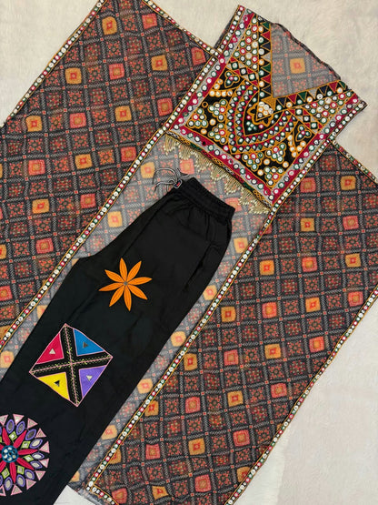 Faux Georgette Embroidery Kaftan with High-Waist Denim Jeans Set