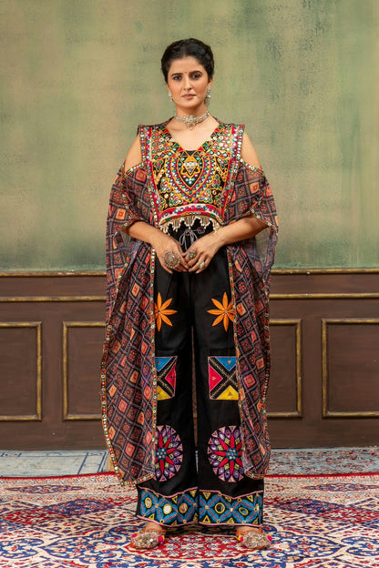 Faux Georgette Embroidery Kaftan with High-Waist Denim Jeans Set