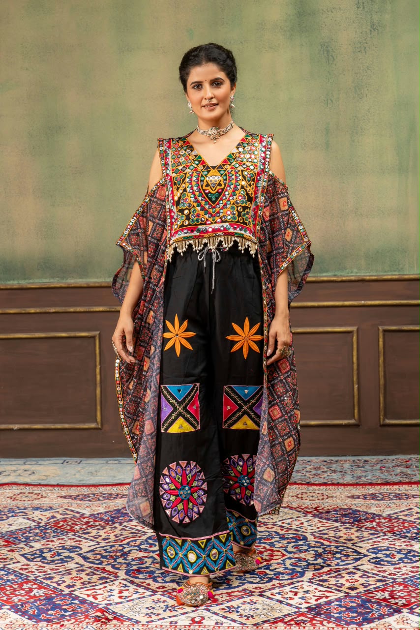 Faux Georgette Embroidery Kaftan with High-Waist Denim Jeans Set