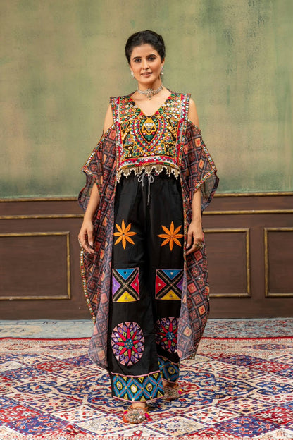 Faux Georgette Embroidery Kaftan with High-Waist Denim Jeans Set