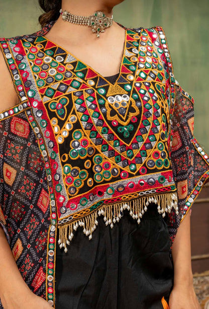 Faux Georgette Embroidery Kaftan with High-Waist Denim Jeans Set