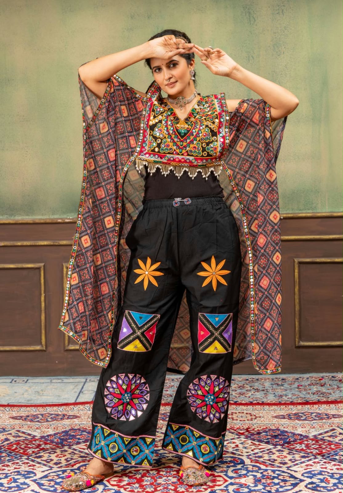 Faux Georgette Embroidery Kaftan with High-Waist Denim Jeans Set