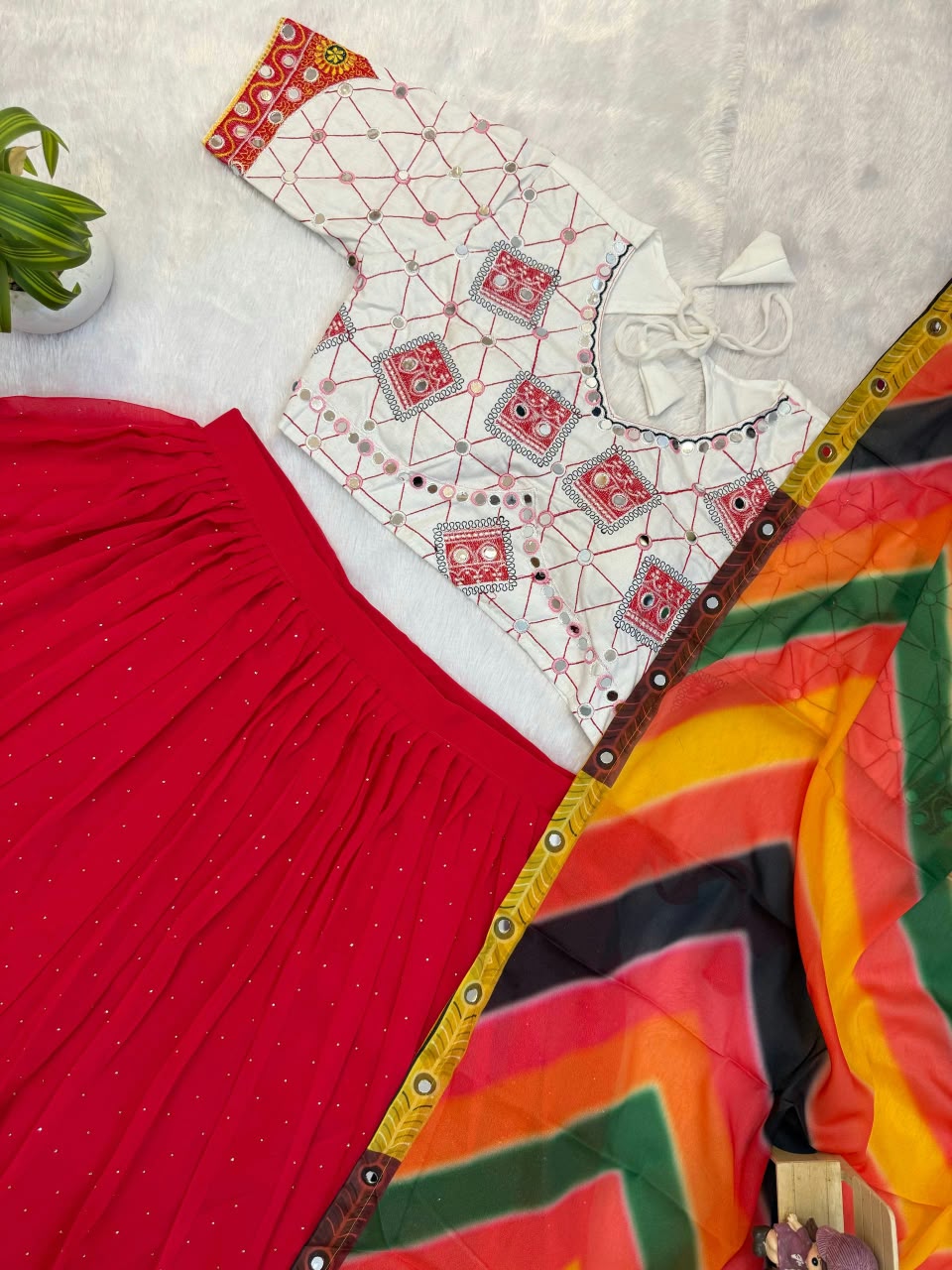 Faux Georgette Diamond Gota Mirror Work Lehenga Set
