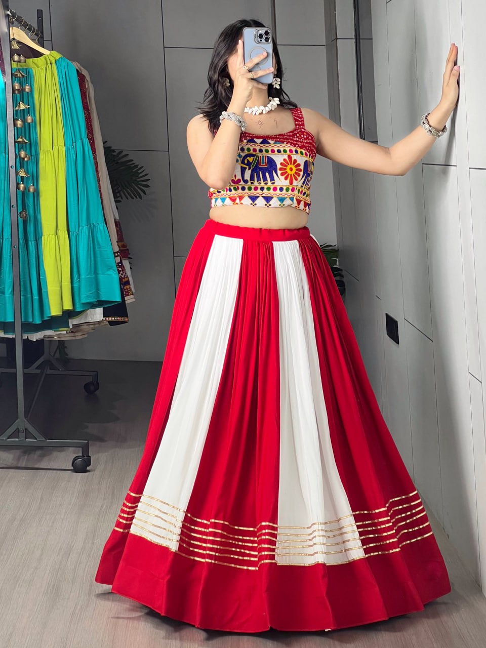 Pure Rayon Cotton Gota Patti Bandhani Lehenga Set