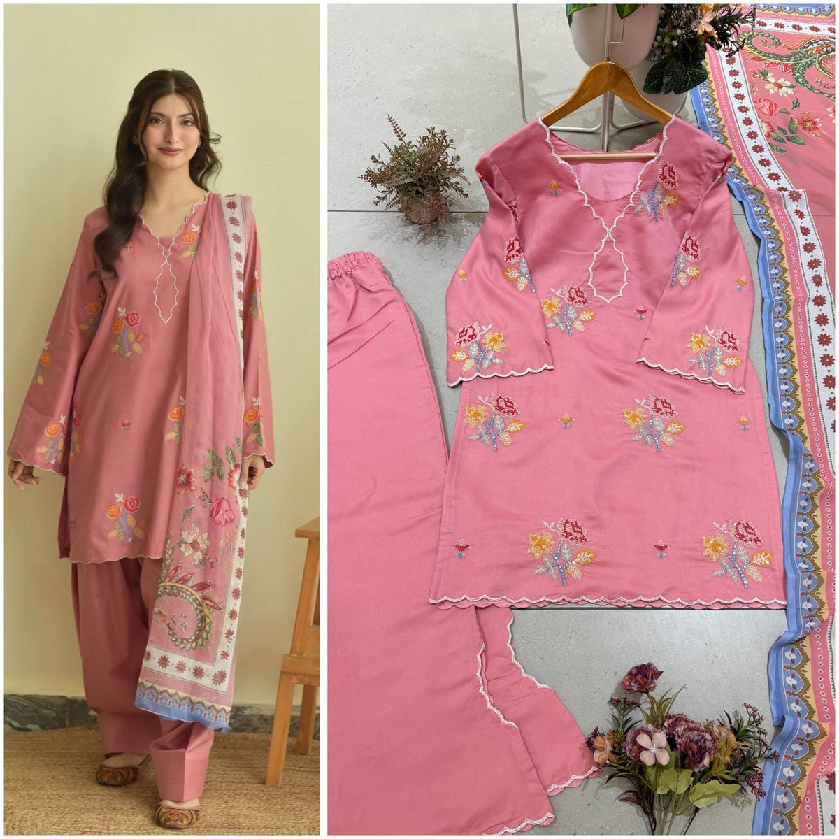 Mul Chanderi Embroidered Set