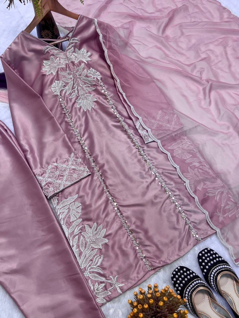 Crepe Silk Embroidered Suit Set